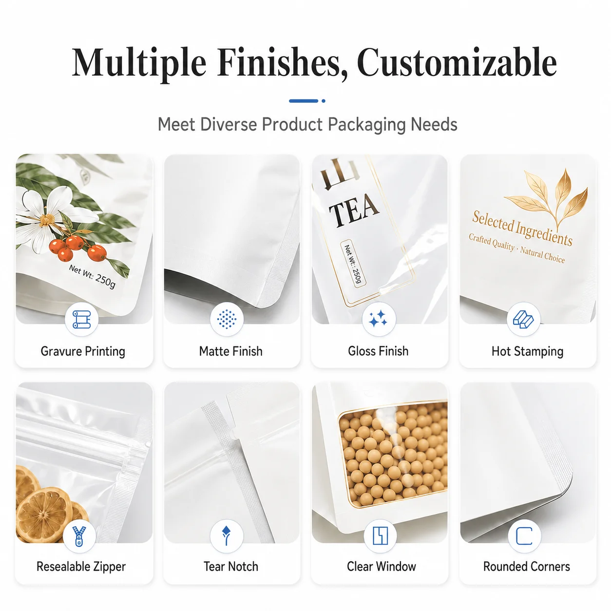 Customizable features and options for flexible packaging